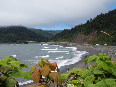 [A small cover with lots of frothy whitewater atop the waves coming to shore. There are hills around the cove and the tops of some of them are completely covered in clouds as the fog has yet to burn off in those sections. There is a small dirt beach visible.]